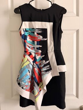 BCBG Black Sleeveless Dress with Colorful Abstract Panel